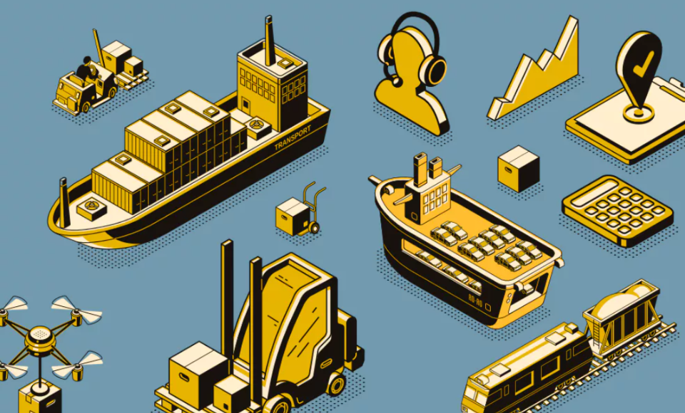 illustration bleu et jaune avec des dessins d'industrie.